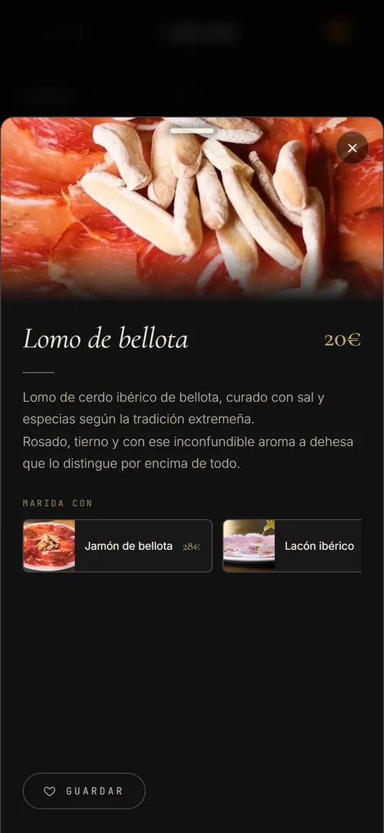 La carta de Bálamo abierta en un móvil, con fotos de platos y la estética del propio restaurante.